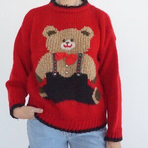 Vintage Heidi Red Teddy Bear Graphic Knit Sweater Novelty Holiday Winter M